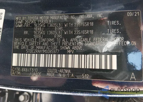 2021 Toyota Highlander L z USA, uszkodzony, nr VIN 5TDCZRAH1MS085977